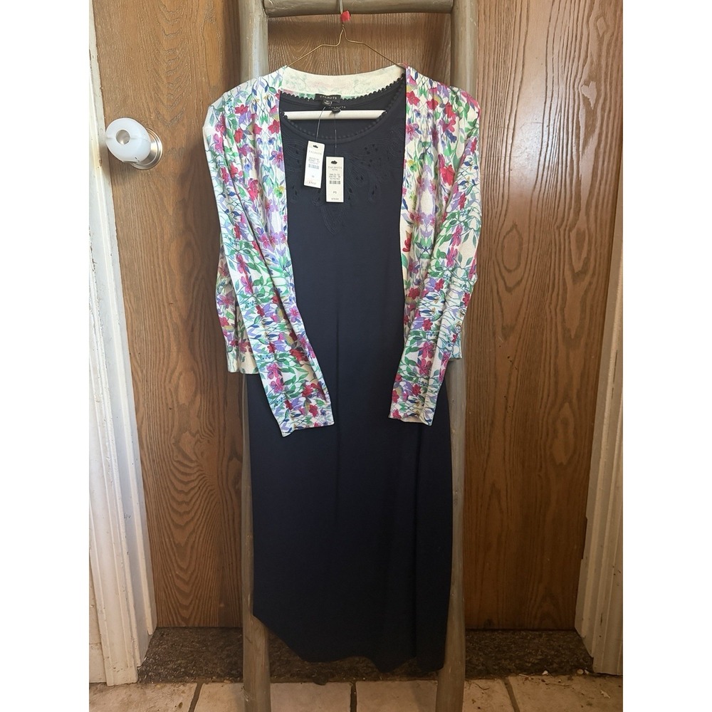NWT Talbots Navy Blue Sleeveless Dress(SP) W/‎ Floral Cardigan (M)